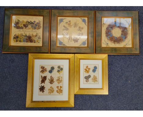 FIVE FRAMED JOANNA SHEEN PRESSED FLOWER DESIGNSincluding Cottage Garden, Fairie Ring and Herbaceous garden, the largest 44 x 