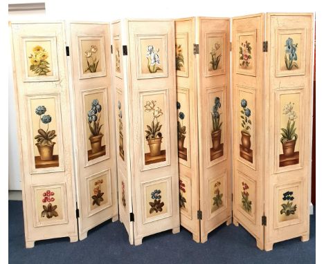 PAIR OF VINTAGE FRENCH STYLE DRESSING SCREENSeach with four panels, all painted with flowers and craquelled shabby chic finis