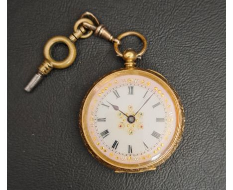 EIGHTEEN CARAT GOLD FOB WATCHthe white enamel dial with Roman numerals and gilt detail to the centre and to the light pink ou
