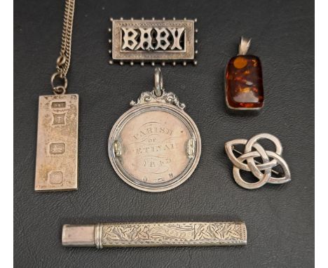 SELECTION OF SILVER JEWELLERYincluding a silver ingot pendant on chain, an amber set pendant, a 'Baby' brooch, and an entwine
