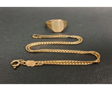 NINE CARAT GOLD NECK CHAIN AND SIGNET RINGthe chain 44.5cm long and the ring size P, total weight approximately 8.2 grams
