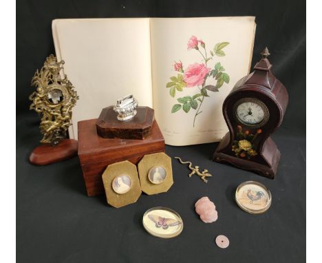 ASSORTMENT OF DECORATIVE ITEMS AND COLLETABLESincluding brass pocket watch stand on mahogany base, quartz french style clock,