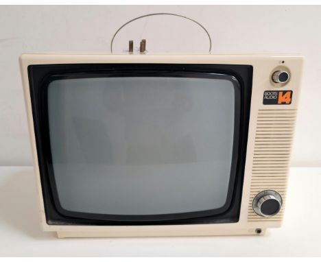 VINTAGE PORTABLE BOOTS AUDIO 14" BLACK AND WHITE TELEVISIONwith cream finish, tuning knob and aerial, 39 x 30 x 28cm