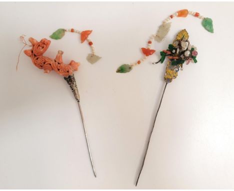TWO CHINESE HAIR PINSone with coral top carved with flowers and with strands of hanging seed pearls (detached), light green j