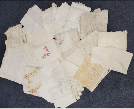 SELECTION OF ANTIQUE AND VINTAGE LINEN AND LACEWORKincluding table cloths of different sizes, some with drawn work, some poss