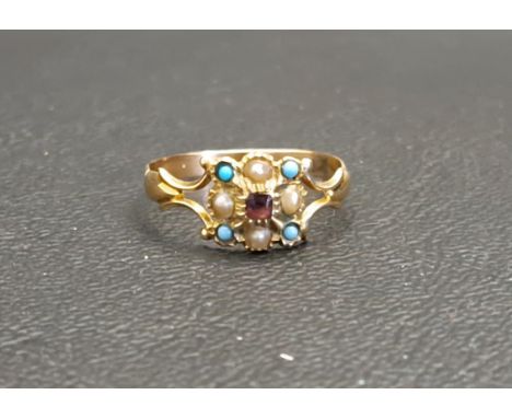 EARLY 20th CENTURY AMETHYST, TURQUOISE AND SEED PEARL RINGin unmarked gold, ring size N and approximately 1.2 grams