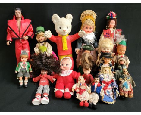 SELECTION OF VINTAGE DOLLSincluding souvenir nationality dolls, a Bendy 1969 Beaverbrook Newspapers Ltd Rupert the Bear, a 19
