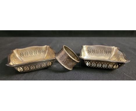 PAIR OF SILVER BONBON DISHESRichard Comyns, London 1927, 110g/3.8oz, a silver napkin ring engraved Annie, Birmingham 1899, 27