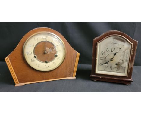 PAIR OF WOODEN MANTEL CLOCKScomprising a mid 1900s Smiths Art Deco 3 Train Westminster floating balance mantel clock; and a T