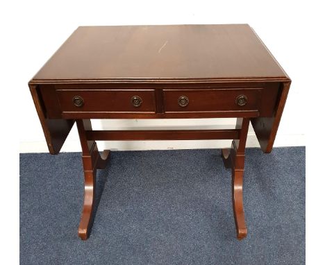 MAHOGANY SOFA TABLEwith drop down leaves and two drawers, raised on fluted legs, 133 x 76 x 56cm fully extended