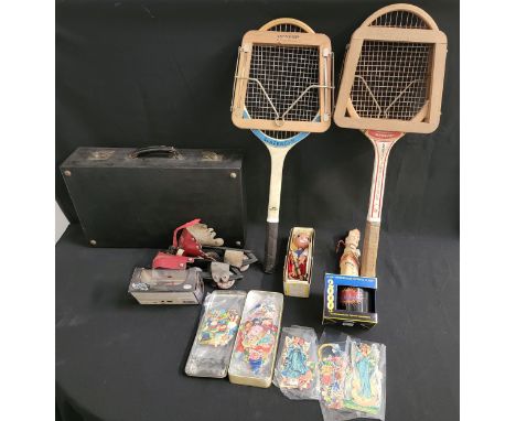 SELECTION OF VINTAGE SPORTING AND OTHER COLLECTABLESincluding two wooden tennis rackets - Slazenger and Dunlop, a pair of Ske