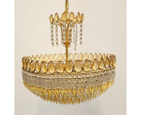 VINTAGE 1980s MURANO GLASS CHANDELIERwith rows of lemon, amber and clear crystal on brass mounts with six lights, 54cm diamet