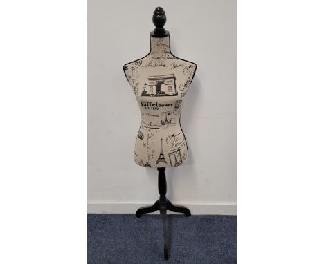 WOMENS TORSO MANNEQUINcovered in black and white fabric, with ebonised wooden finial and raised on tripod stand, total height