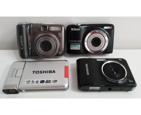 THREE DIGITAL CAMERAS AND CAMCORDERcomprising Nikon Coolpix L25 camera, Samsung ES28 camera, Toshiba Camileo S20 camcorder, a