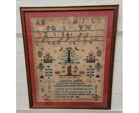 LARGE WELSH WOOLWORK SAMPLER CIRCA 1910by Ann Richards of Pentreclwyda, featuring Adam and Eve from Genesis chapter III, glaz