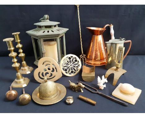 ASSORTMENT OF METAL AND STONE WAREincluding cast iron hanging lamp, copper pitcher, pair of brass candlesticks, antique brass