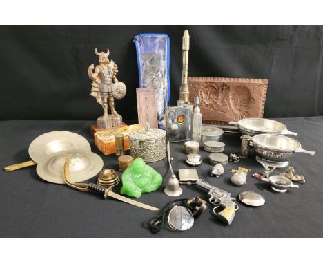 SELECTION OF COLLECTIBLES including ESA space shuttle table lighter; African style brass plaque; jade laughing Buddha figure;