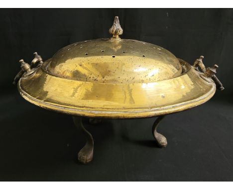 LARGE VICTORIAN BRASS BRAZIERthe lid with pierced holes, dot, star and flower detail, the finial with leaves, the brass handl