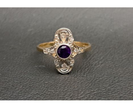ART DECO STYLE AMETHYST AND DIAMOND PLAQUE STYLE RINGthe central round cut amethyst approximately 0.4cts, in shaped and pierc