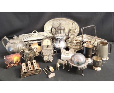 ASSORTMENT OF SILVER PLATED, PEWTER AND WHITE METAL ITEMSincluding serving dishes, tray, bon-bon dish, tea pots, napkin rings
