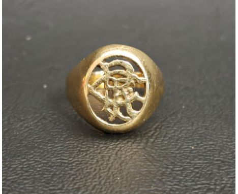 NINE CARAT GOLD SIGNET RINGwith pierced monogram RFC (for Rangers Football Club), ring size M and approximately 2.7 grams
