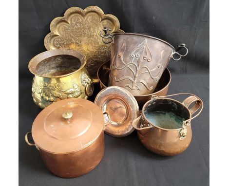 SELECTION OF COPPER AND BRASS ITEMS including an Art Nouveau embossed copper coal bucket, 24cm high; a brass jardiniere, embo