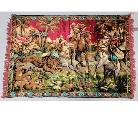 VINTAGE TURKOMAN WALL HANGING ASMALIK RUG / TAPESTRYin velvet-like fabric, colourfully depicting a combat scene, 118 x 175cm