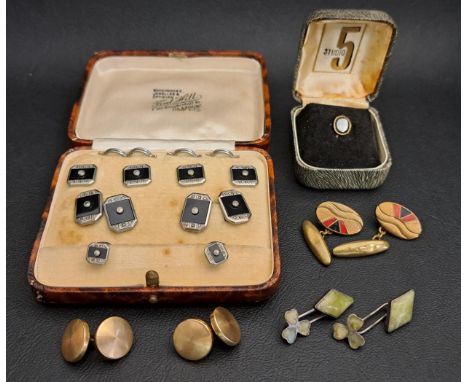 BOXED ART DECO STUD AND CUFFLINK SET all with black agate panels and marcasite details; together with three further pairs of 