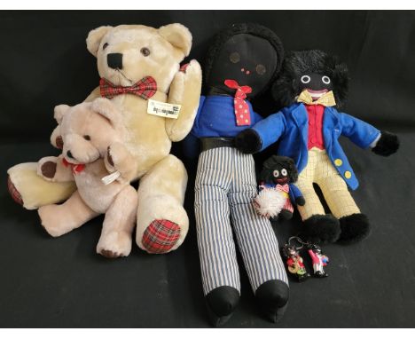 SELECTION OF DOLLS AND TEDDIES comprising large teddy bear with tartan details; smaller teddy bear with red bow; two large Go