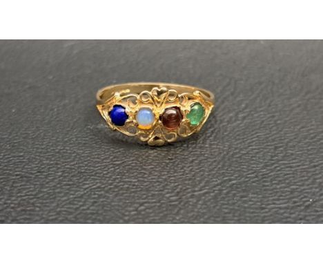 GEM SET ACROSTIC 'LOVE' RINGset with the following sequence of cabochon stones: Lapis, opal, vermeil garnet and emerald, on n