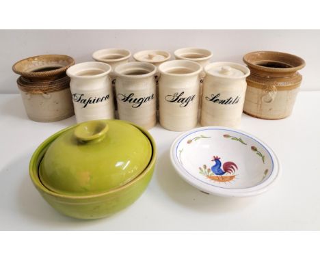 SELECTION OF KITCHEN WARE AND STORAGE JARScomprising seven vintage storage jars including sage, tapioca, sugar, currants, rai