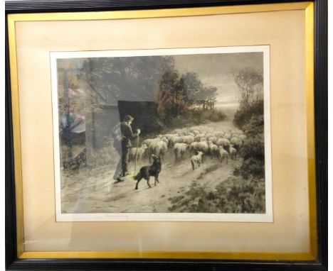 HERBERT DICKSEE (ENGLISH 1862-1942) 'Coming Home - Shepherd and his dog driving his sheep along a country lane, etching on pa