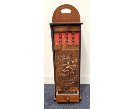 FRENCH VINTAGE HUCHE A PAIN / BAGUETTE BOXin cherrywood with lid, the copper front depicting a farming couple above a single 