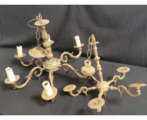 TWO BRASS CEILING LIGHTSone with six branches and candle-style light fixtures, 63cm diameter and approximately 60cm drop (fro