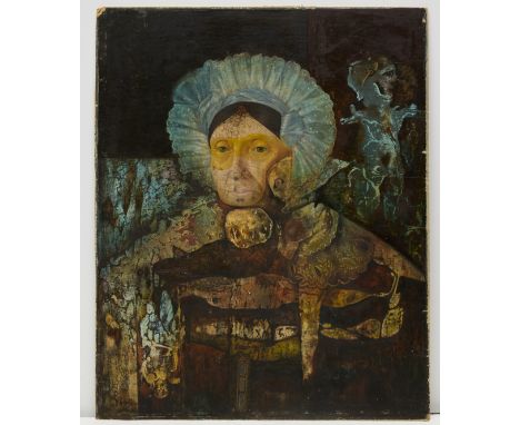 Guido Biasi,&nbsp;Italian 1933-1983 -&nbsp;Portrait d'une Accoucheuse, 1961;&nbsp;oil on found painting on board, signed and 