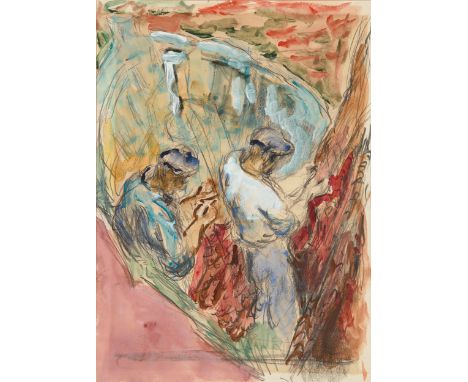 Henryk Gotlib,  Polish/British 1892-1966 -   Fishermen mending nets;   watercolour and pencil on paper, 34.2 x 24.7 cm (ARR) 