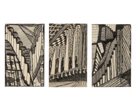 Madge Gill,&nbsp;British 1882-1961 -&nbsp;Mediumistic studies;&nbsp;ink on paper, 3 works in shared mount, each 13.5 x 9 cm (