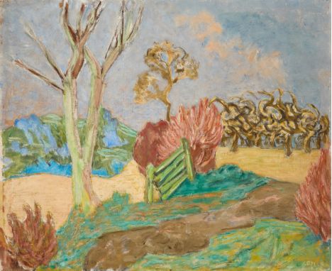 Henryk Gotlib, Polish/British 1892-1966 -&nbsp;Surrey landscape with trees and a gate;&nbsp;oil on canvas, signed lower right