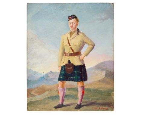 Lionel Brookes,&nbsp;British 1915-2009 -&nbsp;Portrait of a Scots Guardsman standing in a landscape, 1942; oil on panel, sign