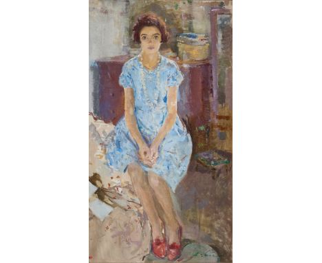 Kate Elizabeth Olver,&nbsp;British 1881-1960 -&nbsp;Portrait of young woman seated in a blue dress;&nbsp;oil on canvas, signe
