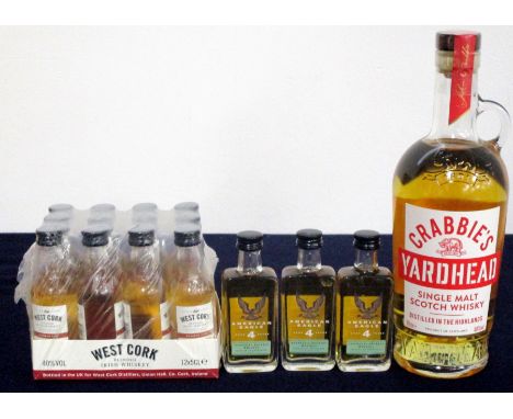 12 5-cl bts West Cork blended Irish Whiskey miniature 3 5-cl bts American Eagle 4 YO Bourbon Whiskey miniature 70-cl bt Crabb