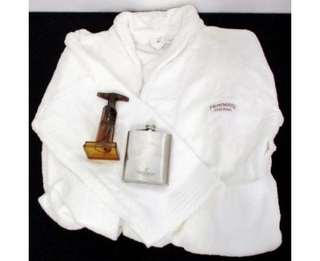 A Hennessy Bath Robe A Hennessy Hip Flask and  A Screw Pull Corkscrew Above three items