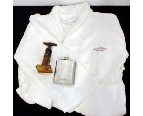 A Hennessy Bath Robe A Hennessy Hip Flask and  A Screw Pull Corkscrew Above three items