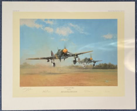 WW2 Four Signed Richard Taylor Colour Print Titled Typhoon Scramble. 17/300. Signed in Pencil by Flight Lieutenant Sir Alec A