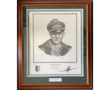 WW2 Luftwaffe Major Gerhard Barkhorn Signed Signature Piece and Black and White Print in presentation Frame approx. size inch