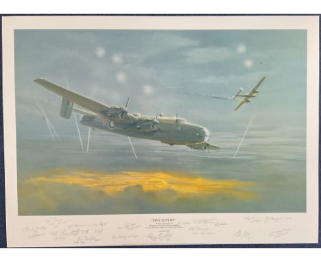WW2 17 Signed Dive To Port Colour Print by Maurice Gardner. Signed in pencil by Jimmy James, Colin Cole, M Spivey, Jeff Thomp