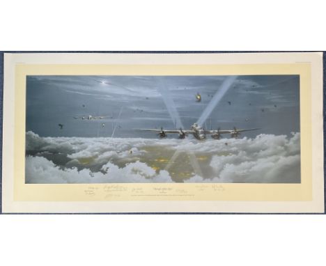 WW2 7 Signed David Bryant Colour Print Titled Through Silken Skies. Signed by Rusty Waughman, WP Gould, Tony Snook and others