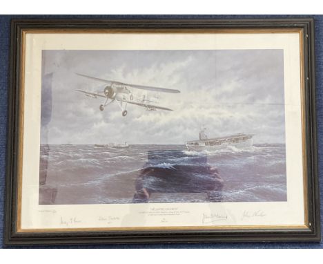 4 WWII Swordfish crew Signed Terry Lee Colour Print Titled Atlantic Escorts. Signed in pencil by MAC Ship Pilot - Stanley Bra