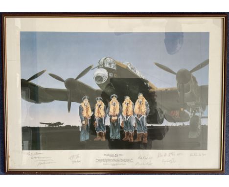 WW2 10 Signed Dambusters May 1943 Colour Print, In Frame. Signatures in Pencil Includes Bill Reid VC, Nicky Ross, Alex M McKi