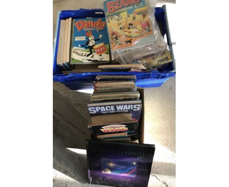 2 boxes of vintage children's books and annuals. To include: Giles, Beano, Dandy, Tarzan and Star Trek 3D pop up book. 